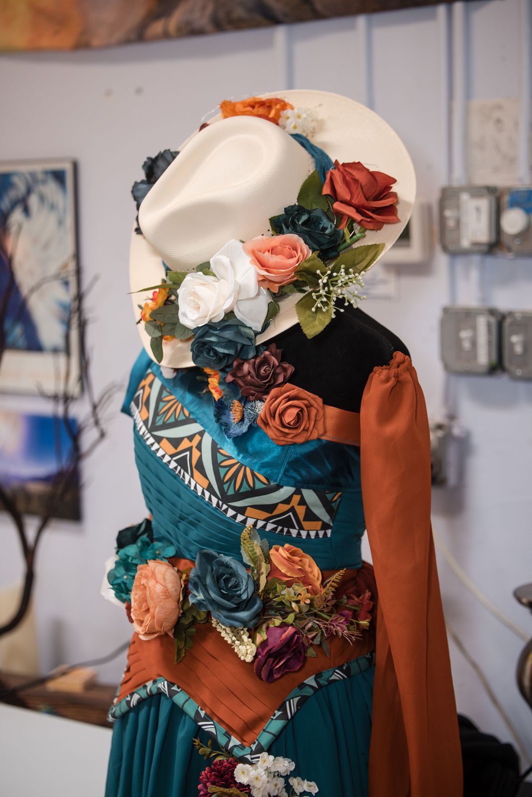 Flower headpiece on a dress form